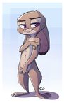  2017 anthro bedroom_eyes covering covering_chest covering_crotch covering_self disney english_text female flat_chested fuel_(artist) half-closed_eyes judy_hopps lagomorph looking_at_viewer mammal nude purple_eyes rabbit seductive signature simple_background smile solo standing text zootopia 