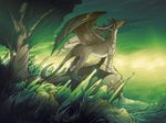  chromamancer detailed_background dragon feathered_dragon feathers feral green_eyes horn solo standing tree 