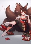  1girl akagi_(azur_lane) alternate_costume animal_ears azur_lane bangs breasts brown_hair cherry_blossoms cleavage commentary_request falling_petals finger_to_mouth fox_ears fox_tail fur-trimmed_kimono fur_trim geta gloves grey_background hair_ornament highres japanese_clothes kimono legs_crossed licking_lips long_hair looking_at_viewer medium_breasts multiple_tails obi red_eyes sash sidelocks simple_background sitting socks tail tongue tongue_out very_long_hair white_gloves whitecrow4444 x_hair_ornament 