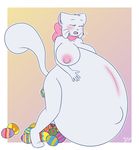  2017 anthro areola belly big_belly big_breasts birth bittersweet_candy_bowl blush bow breasts cat clothing dawnvula easter egg feline female fur hi_res holidays huge_breasts hyper hyper_belly inflation lucy_(bcb) mammal navel nipples nude open_mouth oviposition pink_nose pregnant simple_background solo standing teenager webcomic whiskers white_fur young 
