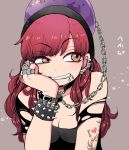  1girl arm_tattoo bare_shoulders belt belt_bracelet black_belt black_choker black_shirt bracelet breasts chains chin_rest choker cleavage clenched_teeth collarbone commentary_request ear_piercing freckles grey_background hand_up hecatia_lapislazuli highres jewelry long_hair looking_to_the_side mashuu_masaki medium_breasts off-shoulder_shirt off_shoulder piercing polos_crown red_eyes red_hair ring shirt short_sleeves simple_background solo spiked_bracelet spikes star tattoo teeth torn_clothes torn_sleeves touhou translation_request upper_body 