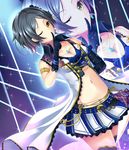  bangs black_hair breasts cleavage commentary finger_to_mouth gloves hayami_kanade highres idolmaster idolmaster_cinderella_girls idolmaster_cinderella_girls_starlight_stage jewelry looking_at_viewer midriff navel necklace one_eye_closed parted_bangs rocky0206 short_hair skirt smile solo yellow_eyes zoom_layer 