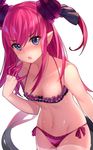  absurdres bare_arms bare_shoulders bikini blue_eyes blush breasts collarbone dragon_tail elizabeth_bathory_(fate) elizabeth_bathory_(fate)_(all) embarrassed fang fate/extra fate/extra_ccc fate/grand_order fate_(series) gendo0032 highres horns lips long_hair looking_at_viewer navel pink_hair pointy_ears side-tie_bikini small_breasts solo swimsuit tail thighs two_side_up wading water 