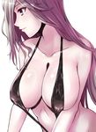  absurdres bad_id bad_pixiv_id bare_arms bare_shoulders bikini black_bikini breasts cleavage collarbone commentary green_kaminari highres huge_breasts long_hair looking_away mole mole_under_eye original parted_lips profile purple_eyes purple_hair slingshot_swimsuit smile solo stomach swimsuit upper_body 