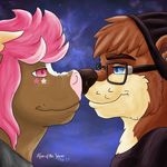  absurd_res anthro bovine brown_fur brown_hair brown_nose bryan cattle clothed clothing couple_(disambiguation) ear_piercing eyewear female fur glasses hair hat hi_res horn invalid_background kisaofthesnow male mammal moo_maw mustelid otter piercing pink_eyes pink_hair pink_nose shaded star tan_fur white_fur 