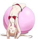  ball bikini blonde_hair blush breasts closed_eyes collarbone commentary exercise_ball fang hair_ribbon long_hair lying multi-strapped_bikini navel on_back open_mouth red_bikini ribbon ribs saenai_heroine_no_sodatekata sawamura_spencer_eriri side-tie_bikini sidelocks simple_background small_breasts solo swimsuit trg-_(sain) twintails upside-down white_background 