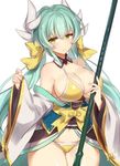  adapted_costume aqua_hair bare_shoulders bikini blush braid breasts collarbone fate/grand_order fate_(series) green_eyes hair_between_eyes hair_ornament halterneck japanese_clothes jitome kimono kiyohime_(fate/grand_order) large_breasts light_smile long_hair looking_at_viewer parted_lips shiny shiny_skin sideboob silver_hair solo swimsuit thighhighs thighs twintails very_long_hair white_legwear wide_sleeves yamaarashi yellow_bikini 