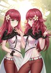  aaeru bangs belt blunt_bangs blush breasts brown_pants capelet closed_mouth commentary_request cowboy_shot devola dress flower green_eyes hair_flower hair_ornament highres long_hair looking_at_another medium_breasts multiple_girls nier_(series) nier_automata pants parted_lips popola profile red_hair scrunchie siblings sidelocks sisters smile twins wavy_hair wrist_scrunchie 