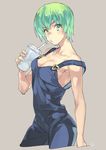  bangs breasts cleavage cup drinking drinking_straw foo_fighters green_eyes green_hair jojo_no_kimyou_na_bouken medium_breasts naked_overalls overalls short_hair sideboob signature solo stone_ocean strap_slip toujou_sakana 