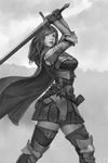 armor black_gloves cape gloves greyscale holding holding_sword holding_weapon kveldulv long_hair looking_at_viewer monochrome pleated_skirt skirt solo standing sword thighhighs vambraces weapon zettai_ryouiki 