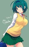  ahoge bag bangs breasts character_name copyright_name fujii_jun green_background green_hair green_skirt hairband large_breasts long_sleeves pleated_skirt school_uniform short_hair simple_background skirt smile solo sweater_vest to_heart_2 yoshioka_chie 