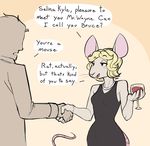  alcohol alternate_species anthro batman batman_(series) beverage blonde_hair breasts catwoman clothing dc_comics dialogue dress duo english_text eyelashes female glass hair handshake human male mammal open_mouth rat rodent speech_bubble text wick_(artist) wine 