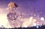  artoria_pendragon_(all) bare_shoulders blonde_hair bow breasts cloud cloudy_sky detached_collar detached_sleeves dress fate/unlimited_codes fate_(series) floating_hair green_eyes hair_between_eyes hair_bow hair_ornament holding holding_sword holding_weapon looking_away medium_breasts outdoors ponytail saber saber_lily sidelocks sky solo standing sunlight sword weapon white_dress white_legwear wind xiaoshou_xiansheng 