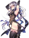  arm_up armpits ass black_gloves breasts clair_lasbard corset covered_nipples cowboy_shot elbow_gloves gloves hair_ribbon long_hair medium_breasts oro_(sumakaita) ribbon scarf sideboob silver_hair simple_background solo star_ocean star_ocean_till_the_end_of_time thighhighs twisted_torso very_long_hair white_background yellow_eyes 