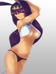  arms_up bare_arms breasts cowboy_shot dark_skin earrings facial_mark fate/grand_order fate_(series) hairband highres hoop_earrings jewelry kojima_(blue_stardust) long_hair looking_at_viewer medium_breasts navel nitocris_(fate/grand_order) purple_eyes purple_hair signature solo stomach thighs underboob underwear underwear_only very_long_hair 