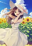  :d blue_sky brown_eyes brown_hair cloud cloudy_sky commentary_request condensation_trail day dress field floating_hair flower flower_field hat highres long_hair looking_at_viewer open_mouth original outdoors sky smile solo sun_hat sunflower warabimochi_kinako white_dress 