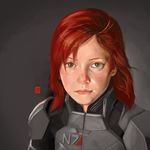  1girl commander_shepard commander_shepard_(female) freckles green_eyes makeup mass_effect n7_armor power_armor red_hair short_hair solo 