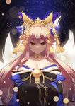  animal_ears bell breasts cleavage closed_mouth detached_sleeves expressionless fate/extra fate/grand_order fate_(series) fox_ears fox_tail hair_ribbon highres japanese_clothes large_breasts long_hair looking_at_viewer pink_hair ribbon sky solo star star_(sky) starry_sky subaru_(794829485) tail tamamo_(fate)_(all) tamamo_no_mae_(fate) yellow_eyes 