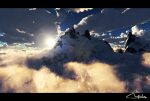 above_clouds artist_name blue_sky cloud commentary_request day lens_flare letterboxed mountain no_humans original outdoors scenery signature sky snow sunlight waisshu_(sougyokyuu) 