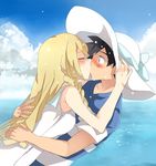  1girl black_hair blonde_hair blue_sky blush braid closed_eyes cloud day face-to-face hat hetero kiss kuriyama lillie_(pokemon) long_hair looking_at_another outdoors pokemon pokemon_(anime) pokemon_sm_(anime) satoshi_(pokemon) shirt sky striped striped_shirt sun_hat water white_hat 