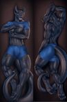  2017 anthro black_scales black_skin blue_eyes clothed clothing dragon furgonomics grin horn looking_at_viewer male rakisha scales shirt shorts simple_background smile solo 
