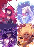  black_hair blake_belladonna blonde_hair cape commentary ein_lee floral_background hood multiple_girls night night_sky official_art red_hair ruby_rose rwby sky weiss_schnee white_hair yang_xiao_long 