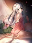  ass bare_shoulders barefoot blue_eyes blush bow eromanga_sensei izumi_sagiri long_hair looking_at_viewer looking_back low-tied_long_hair md5_mismatch munape off_shoulder pajamas pink_bow silver_hair sitting solo stuffed_animal stuffed_bunny stuffed_octopus stuffed_toy wariza 