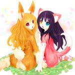  2girls artist_request black_hair blue_eyes cat furry long_hair multiple_girls orange_hair rabbit red_eyes tashiro_yuu yellow_eyes 