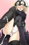  armor black_dress black_legwear blush brown_eyes brown_hair cum dress ejaculation fate/apocrypha fate/grand_order fate_(series) feet gauntlets headpiece jeanne_d'arc_(alter)_(fate) jeanne_d'arc_(fate)_(all) leaning_back leg_lift leg_up momio no_shoes open_clothes open_dress open_mouth panties projectile_cum short_hair solo standing standing_on_one_leg surprised thighhighs underwear white_panties wide-eyed 