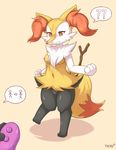  2016 ? amber_eyes anthro black_fur braixen breasts canine dialogue female fox foxteru fur mammal navel nintendo nipples nude orange_nose pok&eacute;mon pussy sex_toy signature simple_background solo standing stick unseen_character vibrator video_games white_fur wood yellow_background yellow_fur 