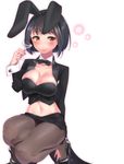  animal_ears black_hair black_legwear bow bowtie breasts bunny_ears bunny_girl bunny_tail cleavage cup detached_collar drinking_glass fishnet_pantyhose fishnets high_heels idolmaster idolmaster_cinderella_girls large_breasts maru_(sara_duke) midriff miniskirt pantyhose short_hair side_slit simple_background skirt solo squatting tail tailcoat takafuji_kako white_background wine_glass wrist_cuffs yellow_eyes 