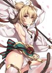  ahoge andira_(granblue_fantasy) animal_ears areola_slip areolae armpits arms_up bare_shoulders blonde_hair blush breasts cameltoe detached_sleeves erune fur_trim fuya_(tempupupu) granblue_fantasy hairband looking_at_viewer monkey monkey_ears monkey_tail red_eyes short_hair sideboob simple_background small_breasts solo staff tail thighhighs white_background 