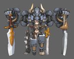  armor belt black_hair fantasy full_body fur_trim grey_background grin horns long_hair midriff original planted_sword planted_weapon quadruple_wielding ran_system red_eyes robot_joints rock scar smile solo stone sword weapon 