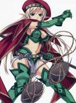  :o alleyne_(queen's_blade) armpits bangs beret blue_hair boots braid breasts bustier cape cowboy_shot elbow_gloves elf gloves green_footwear green_gloves hat holding holding_weapon incoming_attack lasso long_hair looking_at_viewer matsuryuu medium_breasts midriff navel open_mouth pointy_ears queen's_blade red_cape side_braid silver_hair solo stomach thigh_boots thighhighs v-shaped_eyebrows very_long_hair weapon 