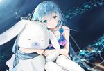  :&lt; blue_eyes blue_hair bunny closed_eyes hatsune_miku hug long_hair scarf sitting solo thighhighs very_long_hair vocaloid yu_(pixiv4533761) yuki_miku yukine_(vocaloid) 