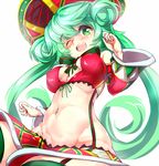  ;d bow bra breasts breasts_apart cowboy_shot detached_collar double_bun flower_knight_girl green_eyes green_hair hat keikotsu long_hair looking_at_viewer medium_breasts midriff navel one_eye_closed open_mouth red_bra skirt smile solo striped striped_bow twintails underwear watachorogi_(flower_knight_girl) white_background 