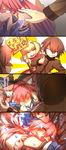  2girls 4koma ahoge animal_ears blonde_hair blue_legwear blush blush_stickers breasts brown_hair cleavage closed_eyes collarbone comic crying detached_sleeves dress epaulettes fate/extra fate/extra_ccc fate/grand_order fate_(series) fox_ears fox_tail hair_ribbon highres hug japanese_clothes kishinami_hakuno_(male) large_breasts lock long_hair multiple_girls nero_claudius_(fate) nero_claudius_(fate)_(all) open_mouth padlock pink_hair red_dress ribbon school_uniform tail tamamo_(fate)_(all) tamamo_no_mae_(fate) tears translated wavy_mouth wisespeak 