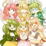  6girls artist_request blonde_hair blue_eyes brown_eyes fox furry glasses green_eyes green_hair japanese_clothes open_mouth red_hair 