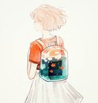  animal artist_name backpack bag bird closed_eyes fish floating_hair from_behind hand_up muted_color original red_shirt shirt short_hair simple_background skirt standing t-shirt tofuvi transparent upper_body water 