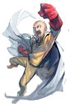  absurdres azuki_(azuki-taste) bald belt bodysuit cape clenched_hand commentary full_body gloves highres looking_at_viewer male_focus one-punch_man open_mouth red_gloves saitama_(one-punch_man) simple_background sketch solo superhero teeth white_background white_cape yellow_bodysuit 