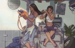  2girls ana_(overwatch) black_hair braid dark_skin digital_media_player facial_tattoo grey_hair hair_brushing headphones helmet midriff mother_and_daughter multiple_girls navel overwatch pharah_(overwatch) sevenlake sitting smile tattoo toned 