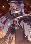  altair_(re:creators) bangs belt closed_mouth commentary_request double-breasted embers eyebrows_visible_through_hair faulds gauntlets gun hat holding holding_gun holding_sword holding_weapon long_hair looking_at_viewer military military_uniform peaked_cap re:creators red_eyes rifle ryuinu silver_hair solo standing sword two_side_up uniform very_long_hair weapon 