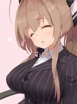  amagi_brilliant_park antenna_hair bow breasts brown_hair business_suit button_gap closed_eyes formal hair_bow kaisen_chuui large_breasts long_hair long_sleeves open_mouth ponytail sento_isuzu sleeping solo suit 