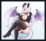  &gt;:) absurdres ass bikini black_border black_gloves boots border breasts cleavage collar crossed_legs demon_girl demon_tail demon_wings ehrrr elbow_gloves gloves hair_over_one_eye high_heels highres horns knee_boots large_breasts lilim_(monster_girl_encyclopedia) long_hair looking_at_viewer monster_girl_encyclopedia non-web_source pointy_ears red_eyes riding_crop sitting smile solo succubus swimsuit tail thighhighs v-shaped_eyebrows very_long_hair white_background white_hair wings 