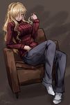  alternate_costume armchair artist_name aurelia_(dorei_to_no_seikatsu) bangs blonde_hair breasts chair dorei_to_no_seikatsu_~teaching_feeling~ full_body hair_over_one_eye hair_twirling half_updo large_breasts long_hair looking_at_viewer pants ray-k red_eyes red_sweater sitting smile solo sweater wavy_hair 