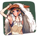  arm_up armpits bare_arms bare_shoulders blue_eyes breasts brown_hair cape collarbone earrings facepaint facial_mark fur_trim highres jewelry medium_breasts mononoke_hime necklace raiou san short_hair sideboob sleeveless solo upper_body 