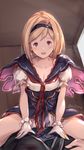  :d absurdres blonde_hair bob_cut djeeta_(granblue_fantasy) gloves granblue_fantasy hairband highres md5_mismatch milli_little open_mouth pov short_hair short_sleeves sitting sitting_on_person smile spread_legs straddling warlock_(granblue_fantasy) white_gloves 