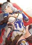  animal_ears armor bangs black_gloves blue_legwear boots braid cloak commentary_request elbow_gloves erune gloves granblue_fantasy hair_between_eyes hand_on_own_chest heles highres light_smile long_hair looking_at_viewer lying on_back panties pantyshot pantyshot_(lying) pauldrons shade silver_hair single_braid solo terry_(pixiv3274443) thigh_boots thighhighs thighs underwear very_long_hair wavy_hair white_panties yellow_eyes 