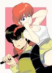  1boy 1girl anger_vein blue_eyes braid genderswap genderswap_(mtf) hibiki_ryouga machi_(mctri) ranma-chan ranma_1/2 red_hair saotome_ranma single_braid tagme umbrella yellow_eyes 