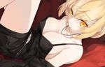  artoria_pendragon_(all) black_dress black_shorts blonde_hair blush braid breasts cleavage collarbone commentary_request covered_nipples dress fate/grand_order fate_(series) french_braid gothic_lolita hair_between_eyes highres lips lolita_fashion long_hair lying medium_breasts on_back oshin0_(zheng) parted_lips saber_alter shorts solo strap_slip yellow_eyes 